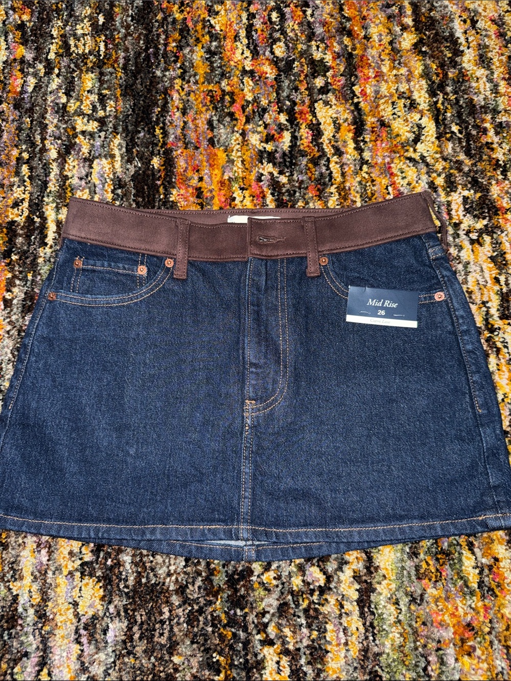 Abercrombie & Fitch Dark Blue Denim Mini Skirt with Brown Suede Waistband 26 NWT